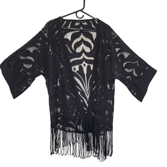 Zara Basic Black Lace Kimono Top Open Front Fringe Hem 3/4 Sleeve Top Size Small - Picture 1 of 7